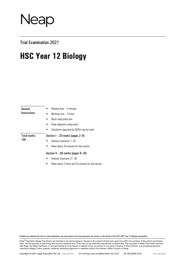 Neap Trial Exam: 2022 HSC Biology Year 12