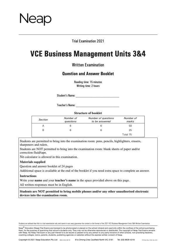 Neap Practice Exam: 2021 VCE Business Management Units 3&4