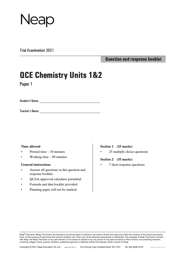 Neap Trial Exam: 2021 QCE Chemistry Units 1&2 (Papers 1&2)