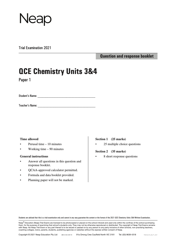 Neap Trial Exam: 2022 QCE Chemistry Units 3&4 (Papers 1&2) – ATAR Notes