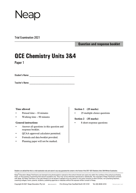 Neap Trial Exam: 2020 QCE Chemistry Units 3&4 (Papers 1&2)
