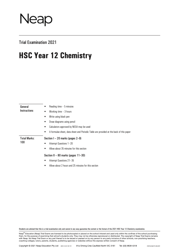 Neap Trial Exam: 2022 HSC Chemistry Year 12