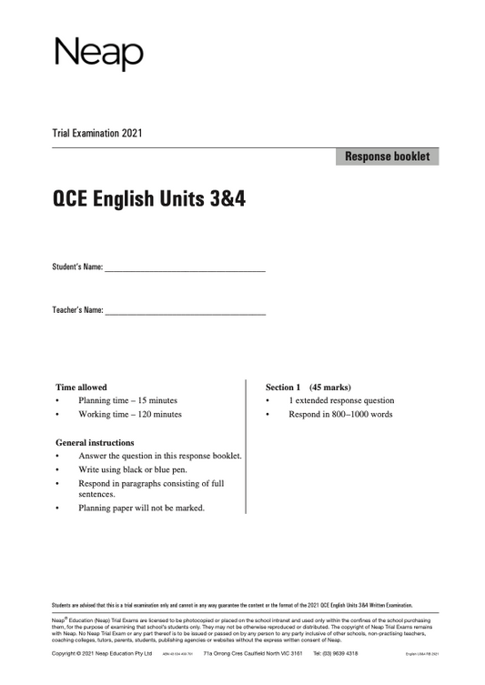 Neap Trial Exam: 2021 QCE English Units 3&4