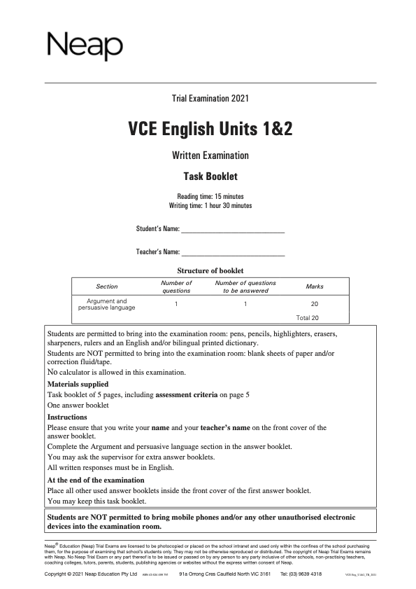 Neap Trial Exam 2021 VCE English Units 1&2 ATAR Notes