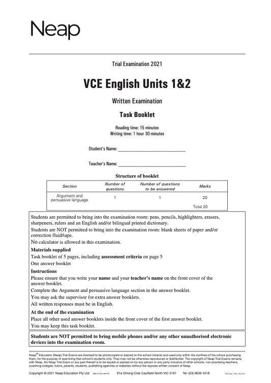 Neap Trial Exam: 2022 VCE English Units 1&2