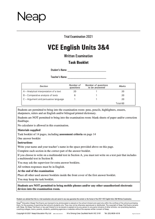 Neap Trial Exam: 2021 VCE English Units 3&4