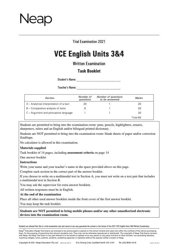 Neap Trial Exam: 2022 VCE English Units 3&4