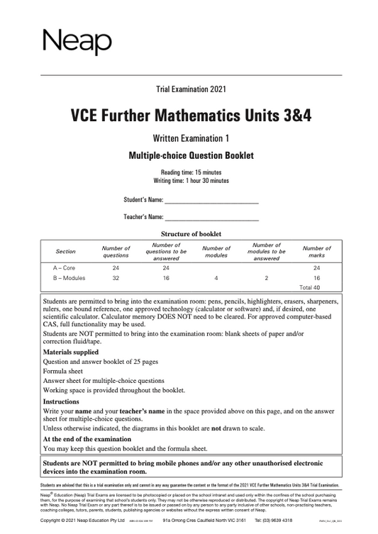 Neap Practice Exam: 2021 VCE Further Maths Units 3&4 (Exams 1&2)