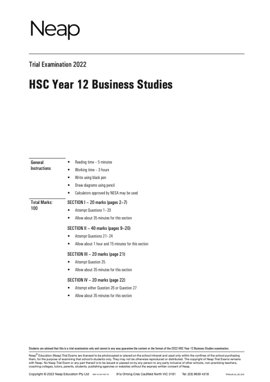 Neap Trial Exam: 2022 HSC Business Studies Year 12