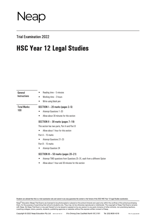 Neap Trial Exam: 2022 HSC Legal Studies Year 12