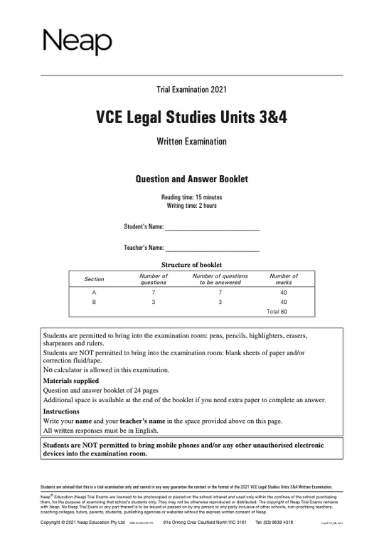 Neap Trial Exam: 2021 VCE Legal Studies Units 3&4