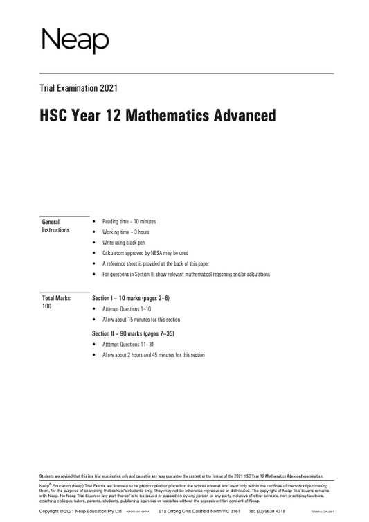 Neap Trial Exam: 2021 HSC Maths Advanced Year 12