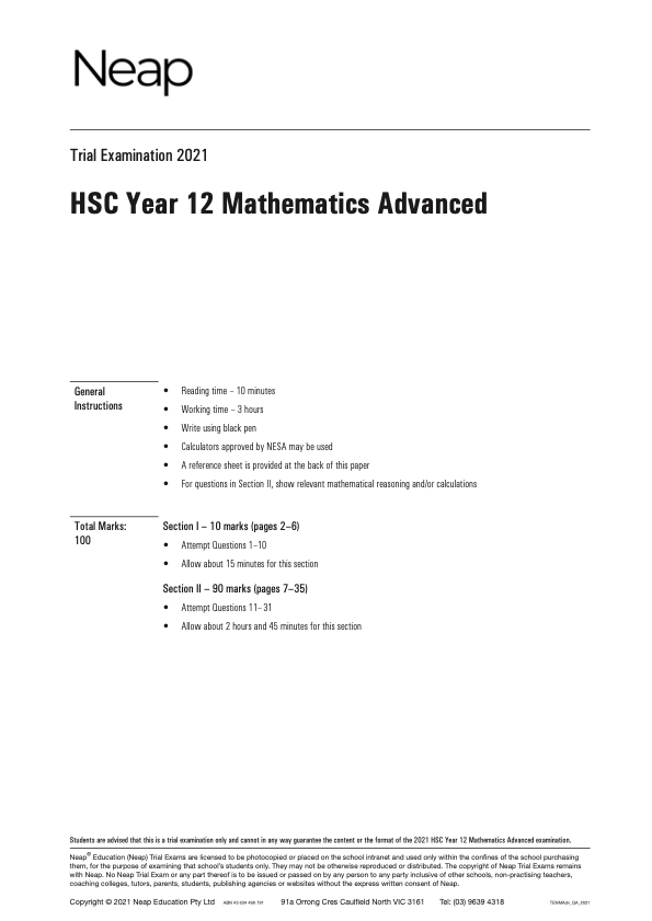 Neap Trial Exam: 2022 HSC Maths Advanced Year 12