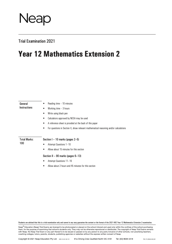 Neap Trial Exam 2021 HSC Maths Extension 2 Year 12 ATAR Notes