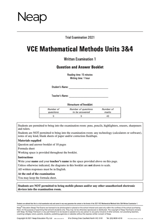 Neap Practice Exam: 2021 VCE Maths Methods Units 3&4 (Exams 1&2)