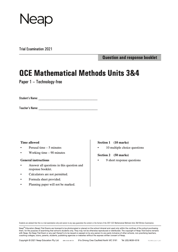 Neap Trial Exam: 2021 QCE Maths Methods Units 3&4 (Papers 1&2)