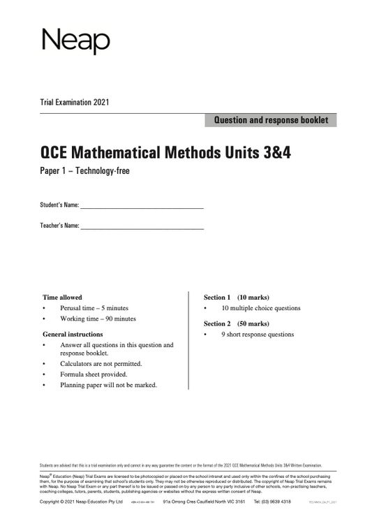 Neap Trial Exam: 2022 QCE Maths Methods Units 3&4 (Papers 1&2)