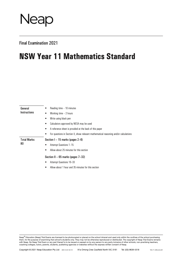 Neap Trial Exam: 2022 HSC Maths Standard Year 11