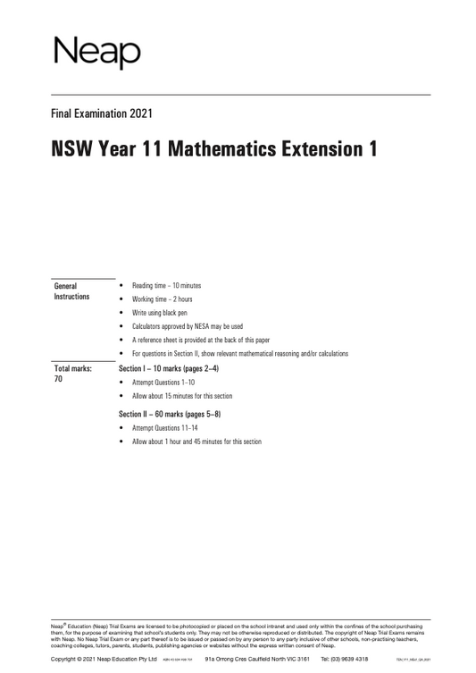 Neap Trial Exam: 2021 HSC Maths Extension 1 Year 11