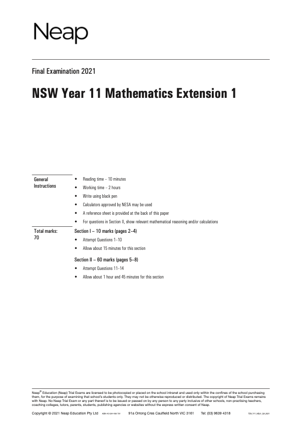 Neap Trial Exam: 2022 HSC Maths Extension 1 Year 11