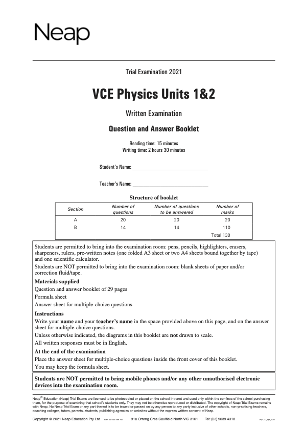 Neap Practice Exam: 2021 VCE Physics Units 1&2 (Digital)
