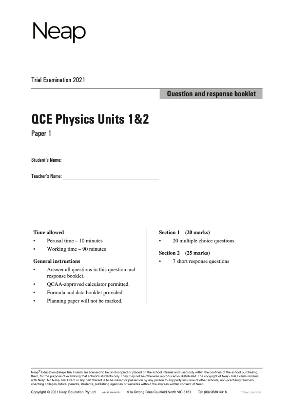 Neap Trial Exam: 2021 QCE Physics Units 1&2 (Papers 1&2)