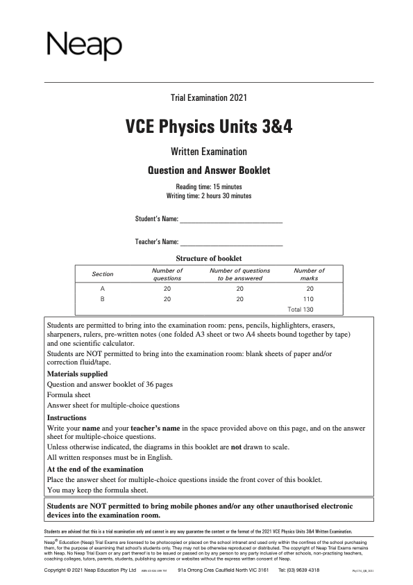 Neap Trial Exam: 2021 VCE Physics Units 3&4