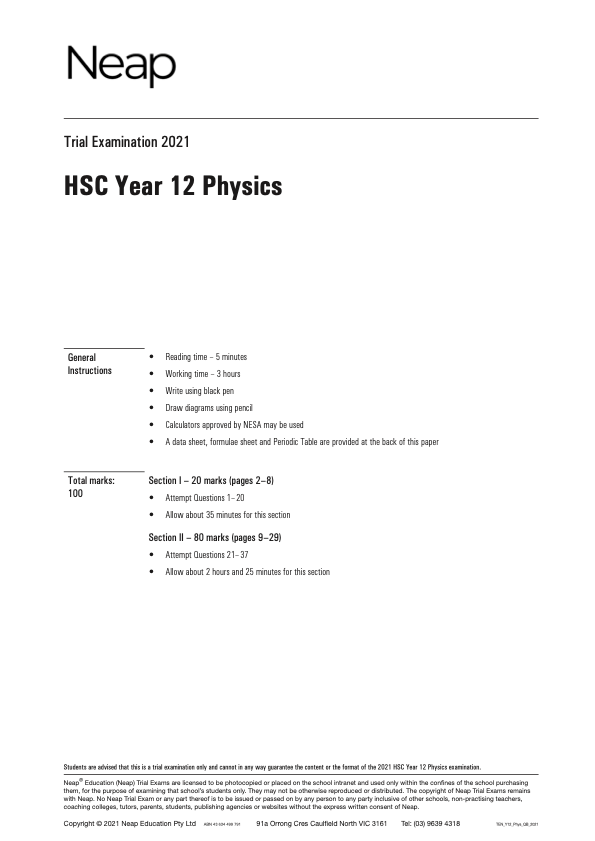 Neap Trial Exam: 2022 HSC Physics Year 12