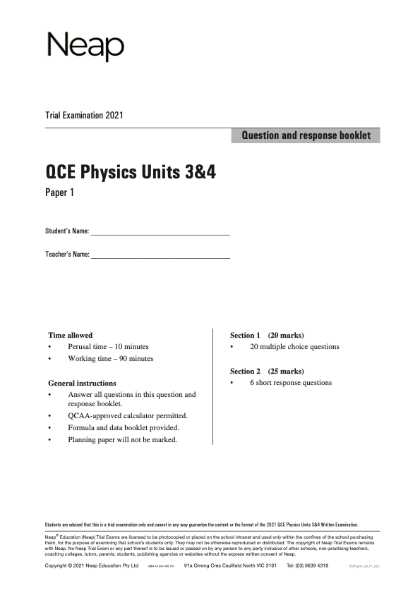 Neap Trial Exam: 2021 QCE Physics Units 3&4 (Papers 1&2)