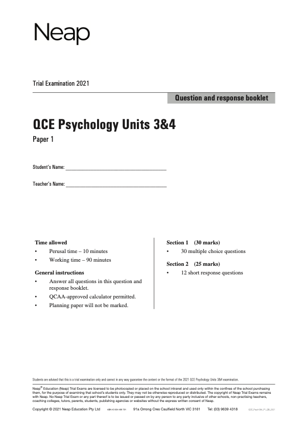 Neap Trial Exam: 2021 QCE Psychology Units 3&4 (Papers 1&2)