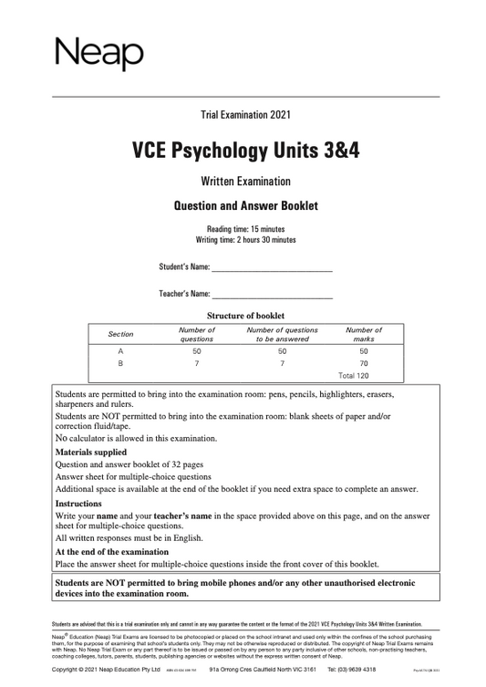 Neap Practice Exam: 2021 VCE Psychology Units 3&4
