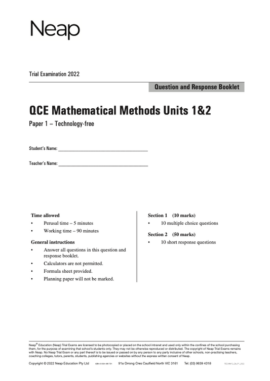 Neap Trial Exam: 2022 QCE Maths Methods Units 1&2 (Papers 1&2)