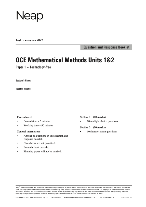 Neap Trial Exam 2022 QCE Maths Methods Units 1&2 (Papers 1&2) ATAR Notes