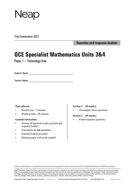 Neap Trial Exam: 2022 QCE Specialist Maths Units 3&4 (Papers 1&2)