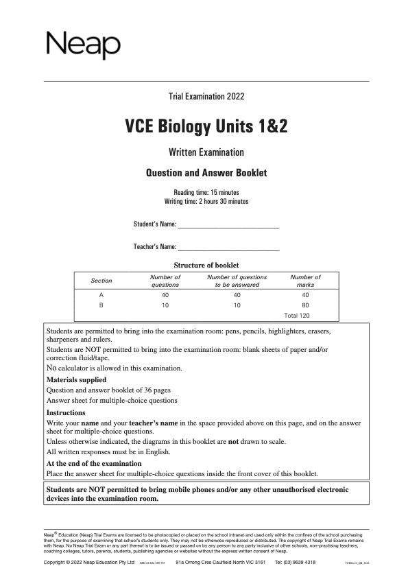 Neap Trial Exam: 2022 VCE Biology Units 1&2