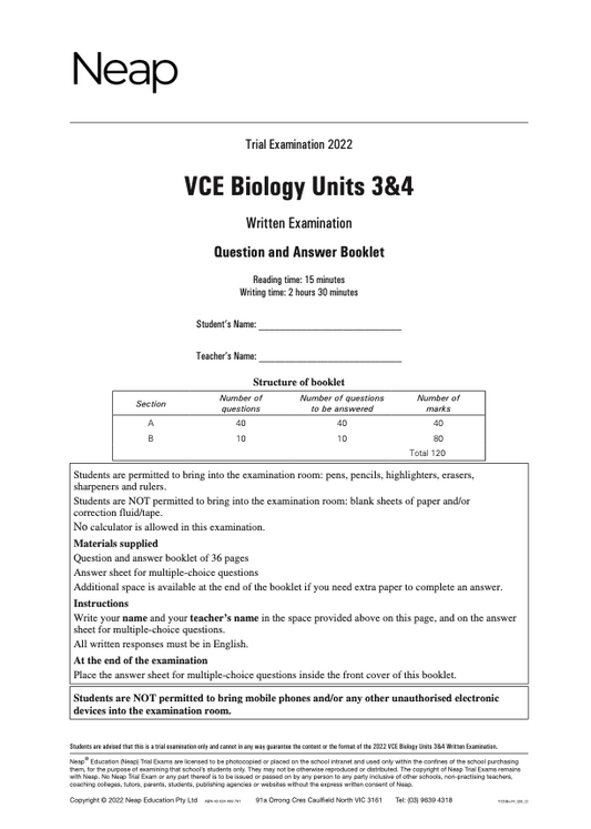 Neap Trial Exam: 2022 VCE Biology Units 3&4