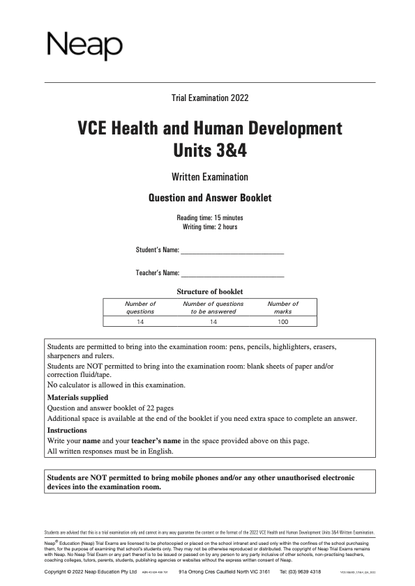 Neap Trial Exam: 2022 VCE Health & Human Development Units 3&4