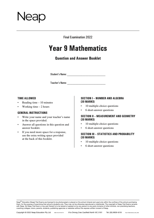 Neap Trial Exam: 2022 Year 9 Maths