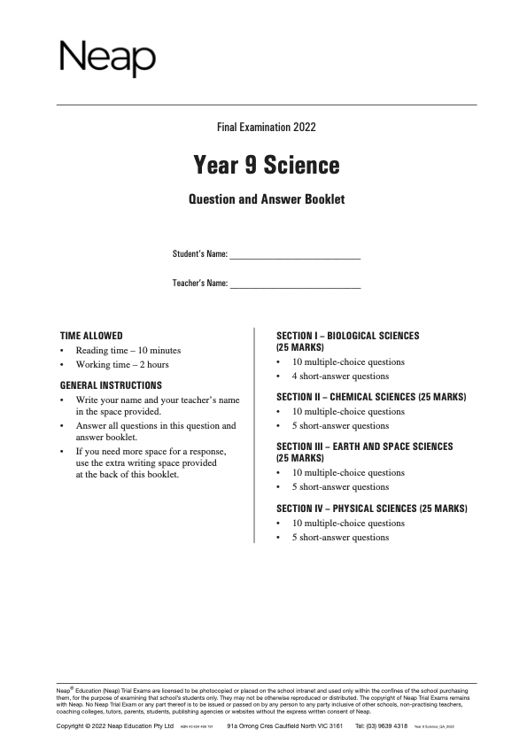 Neap Trial Exam: 2022 Year 9 Science