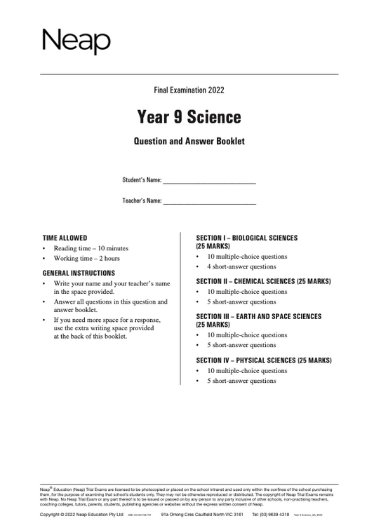 Neap Trial Exam: 2022 Year 9 Science