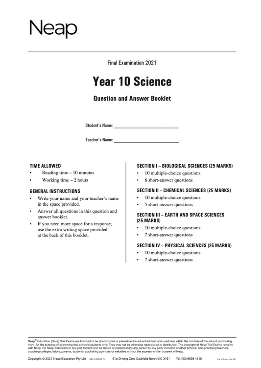 Neap Trial Exam: 2022 Year 10 Science